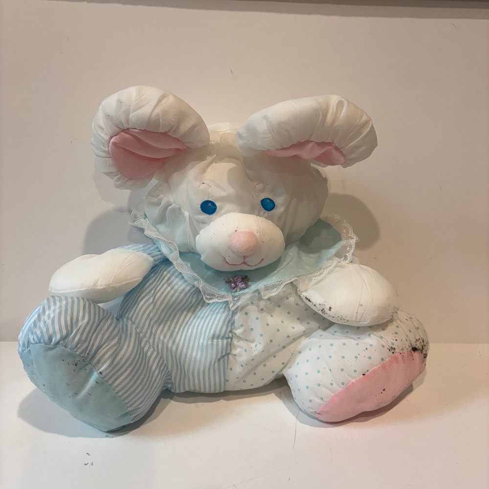 Vintage Fisher Price Puffalump Bunny Rabbit Plush Blue White Stripe Polka Dot
